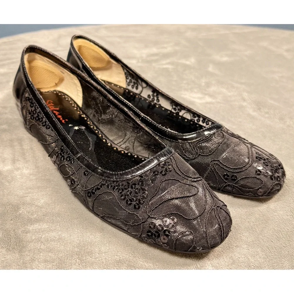 Stefani Collection Womens Flats 8.5M Black Lace Sequin Ballet Loafer